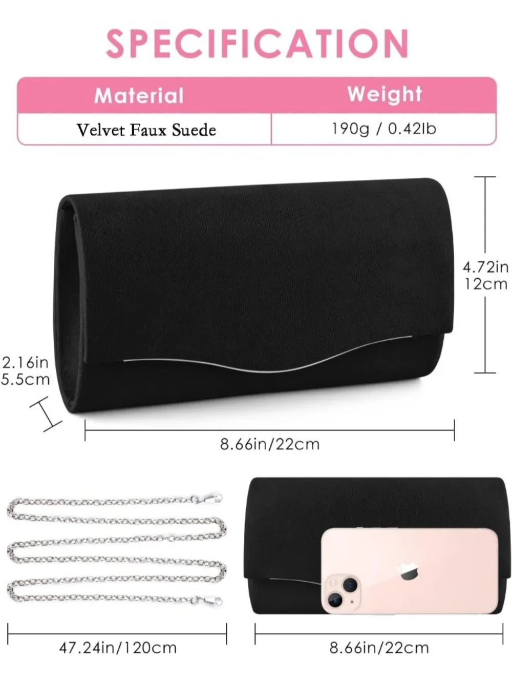Women's D Black Suede Envelope Clutch Purse Formal Evening Wedding Party Bag